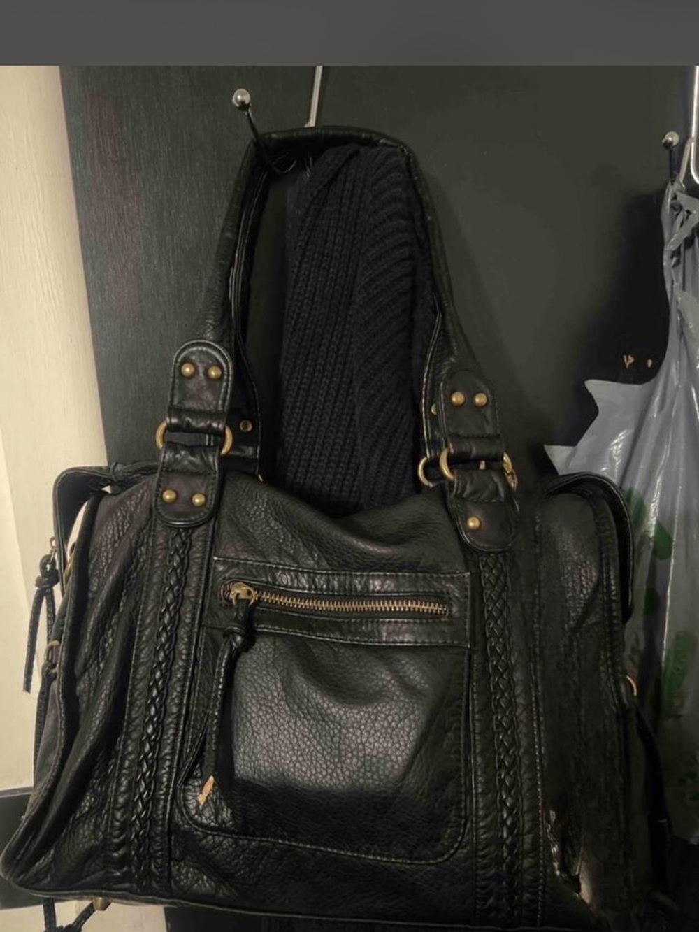 Black Leather Shoulder Bag with Braided Trim